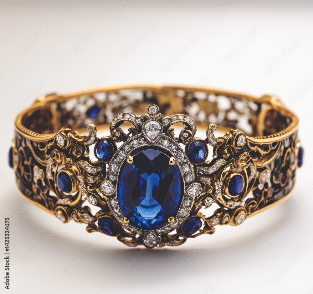 Ornate gold bangle, sapphire and diamond, elegant display Ornate gold bangle, sapphire and diamond, elegant display