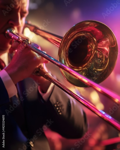 Gleaming trombone in concert, musician playing jazz in a vibrant, colorful stage light, representing musical performance and artistic expression. Ideal for concert posters, music festival promotions, 