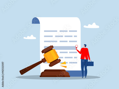  A mature lawyer holding a legal document alongside a gavel, symbolizing the court Legal document law and judgment approval paperconcept vector illustrator