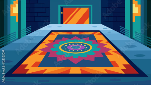 A colorful rug with an intricate pattern adds warmth to the industrial concrete floor.. Vector illustration