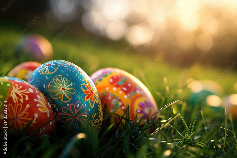 A vibrant display of intricately decorated Easter eggs nestled in lush green grass. surrounded by blooming flowers and soft sunlight filtering through the background A vibrant display of intricately decorated Easter eggs nestled in lush green grass. surrounded by blooming flowers and soft sunlight filtering through the background