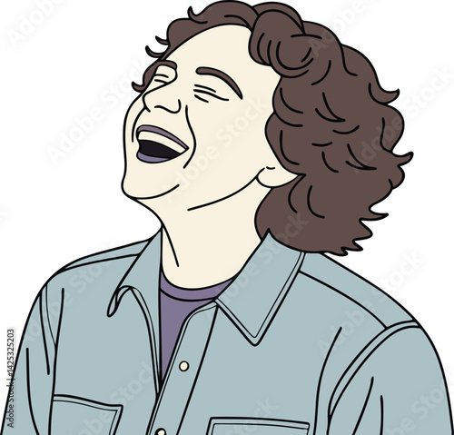 Animated Portrait of a Person with Brown Wavy Hair and a Light Blue Shirt in a State of Uproarious Laughter Against a Muted Lavender Backdrop, Evoking Feelings of Pure Joy and Lightheartedness.