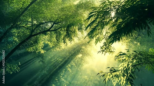 Sunbeams piercing foliage in a green forest, illuminating trees and mist