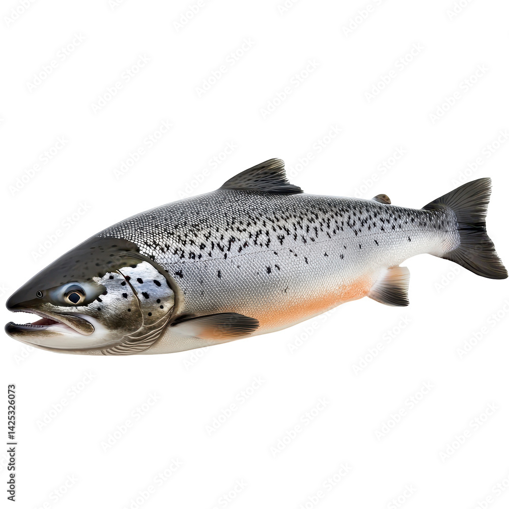 Naklejka premium Freshly caught trout showcasing its vivid colors and sleek body in a natural setting near a river during a sunny afternoon