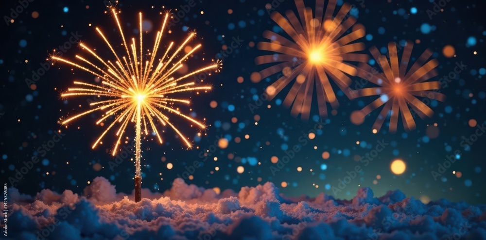 Fototapeta premium Golden fireworks burst against a backdrop of glittering stars, Christmas magic , illumination, cosmic, glow