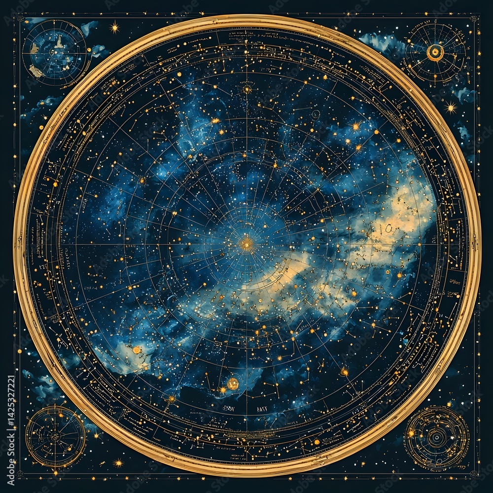 Celestial map inspired frame with zodiac signs and intricate star charts
