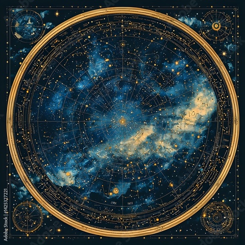 Celestial map inspired frame with zodiac signs and intricate star charts
