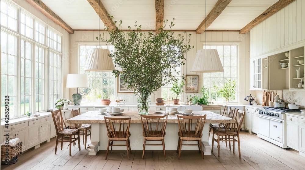 Fototapeta premium Bright and Airy Kitchen with Large Table and Natural Decor Elements