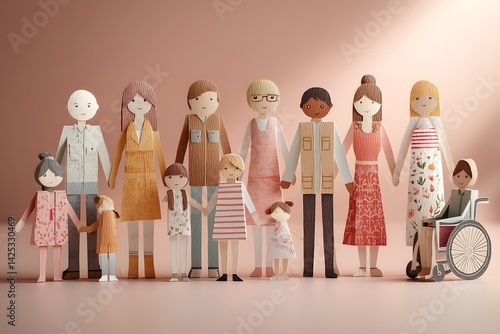 Embracing diversity an artistic poster of inclusivity, featuring paper dolls of diverse families, including a wheelchair user and a pregnant individual, perfect for empowering sports interiors.
