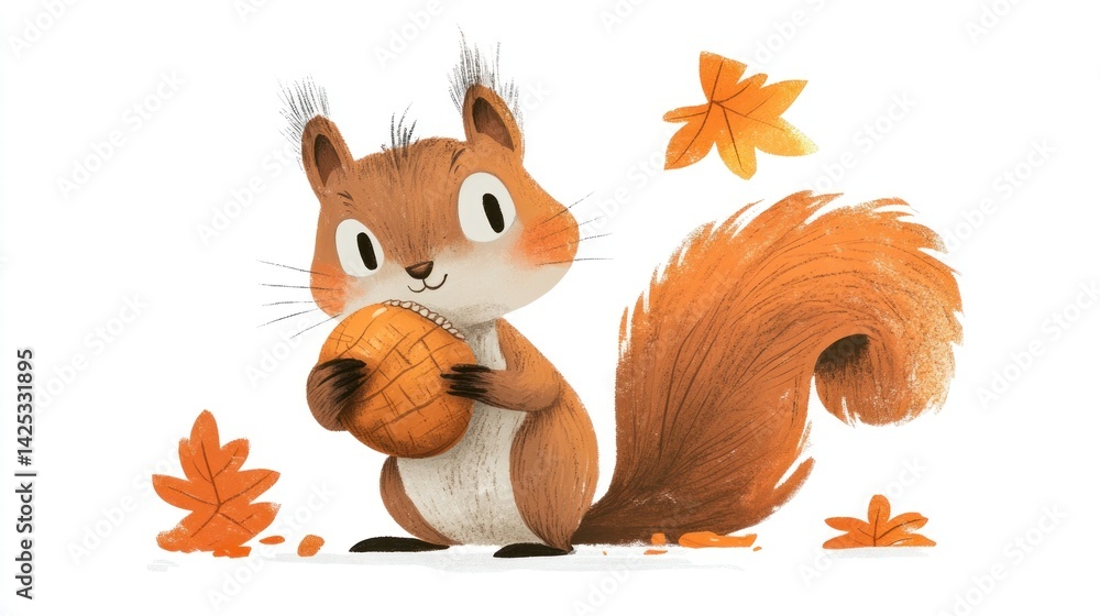 Fototapeta premium Cute squirrel holding nut, autumnal scene