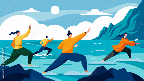 The soothing sounds of crashing waves mingle with the graceful movements of Tai Chi creating a peaceful symphony that envelops those practicing by the. Vector illustration