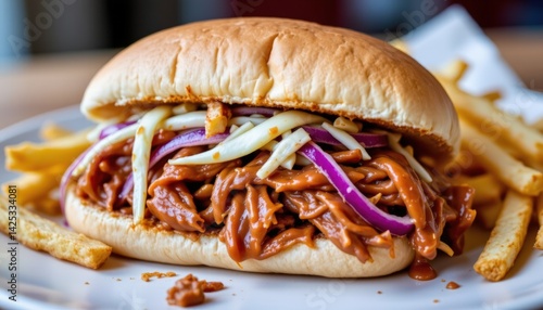 Wallpaper Mural Messy and delicious pulled pork sandwich loaded with BBQ sauce and tangy coleslaw, served with golden fries    comfort food concept, juicy close up Torontodigital.ca