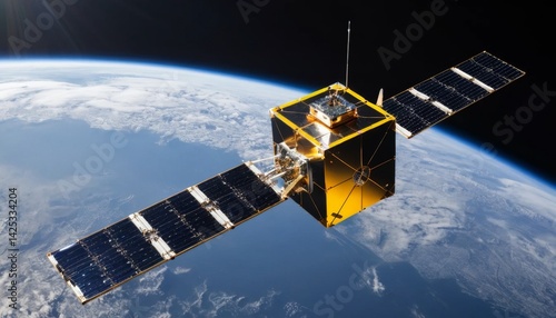 Satellite in Orbit Above Earth with Solar Panels and Advanced Technology in the Vastness of Space