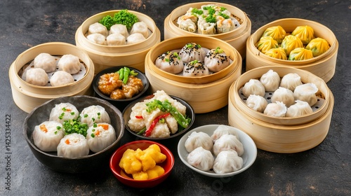 Steaming baskets of diverse dumplings, savory dishes, & sides