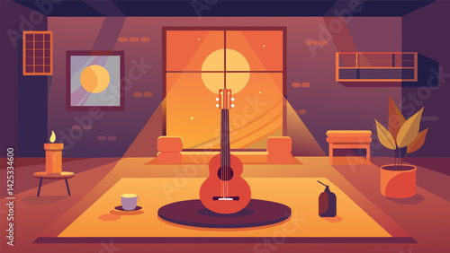 A zenlike studio bathed in warm lighting and filled with the gentle strumming of a guitar creating a soothing ambiance for a restorative yoga session.. Vector illustration