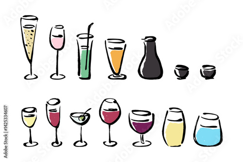筆タッチのお酒の手描きイラストセット