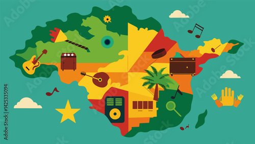 A graphic map showcasing the widespread influence of reggae music on various other genres. Vector illustration