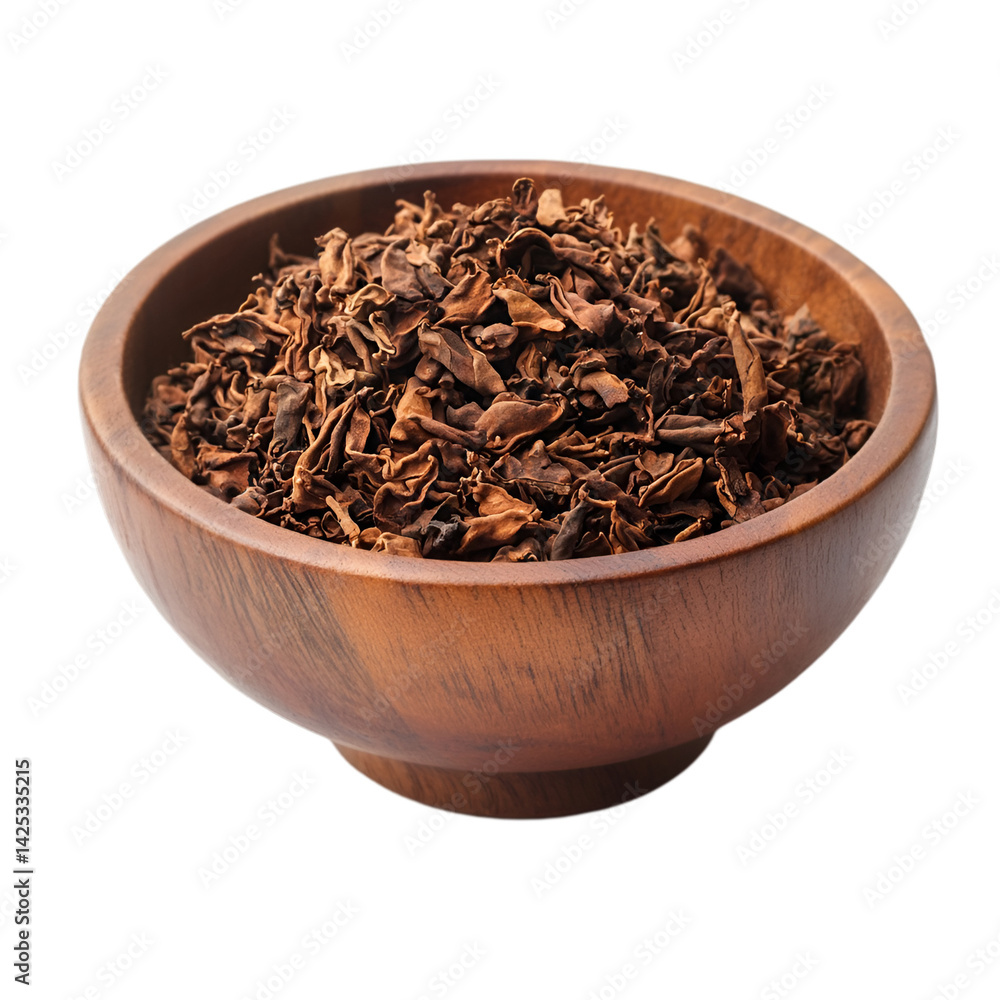 Dried Tea Leaves in Wooden Bowl Dark Background Dried Tea Leaves in Wooden Bowl Dark Background