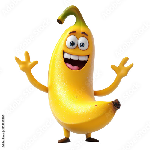 Cheerful cartoon banana character with animated features expressing happiness and excitement in a playful pose