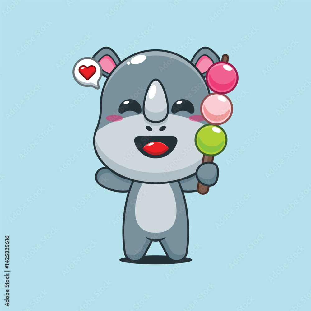 Naklejka premium Cute rhino cartoon vector illustration eating dango