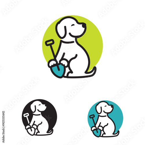 cartoon dog holding a small spade, shovel with its paw, poop scoop logo design