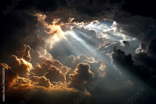Ethereal beams of golden-white light breaking through dark storm clouds, creating a dramatic celestial opening with soft rays illuminating the misty atmosphere below, suggesting divine presence.