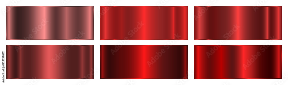 Obraz premium A set of six red metallic gradients on a black background. A collection of shiny metallic gradients. The texture of the foil. Vector EPS 10.