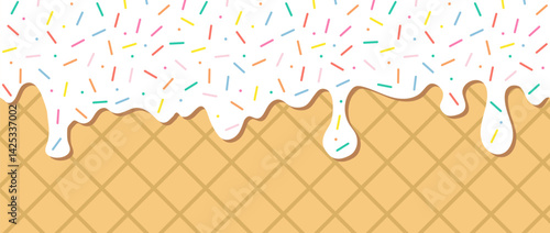 Simple Sprinkle pattern. White liquid with colorful sugar sprinkles dripping on wafer background. Glaze for donut, ice cream or muffins with falling decorative candies. Vector Illustration.
