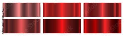 A set of six red metallic gradients on a black background. A collection of shiny metallic gradients. The texture of the foil. Vector EPS 10.