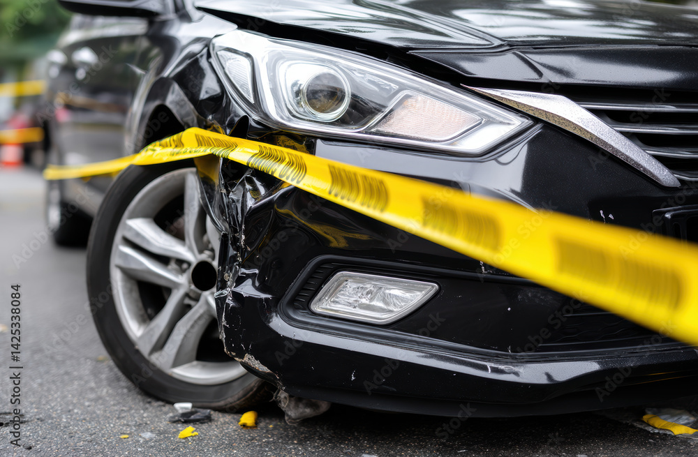 damaged car with crumpled side is cordoned off with yellow police tape, indicating accident scene damaged car with crumpled side is cordoned off with yellow police tape, indicating accident scene