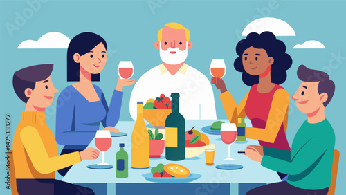 A group of people gathered around a table for a long leisurely dinner chatting and laughing over homemade food and a bottle of wine..