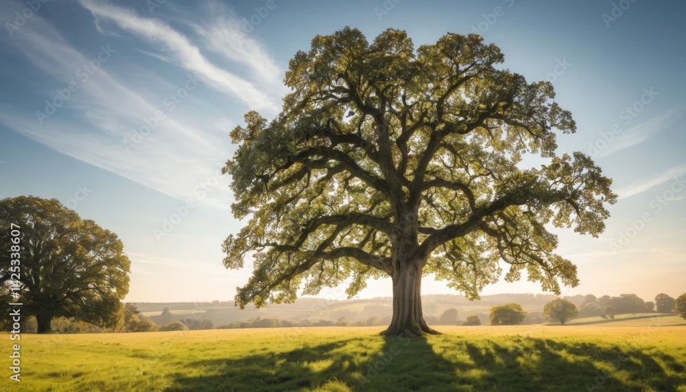 Obraz premium Majestic oak tree stands alone in serene landscape under clear blue sky, showcasing beauty of nature at sunrise or sunset