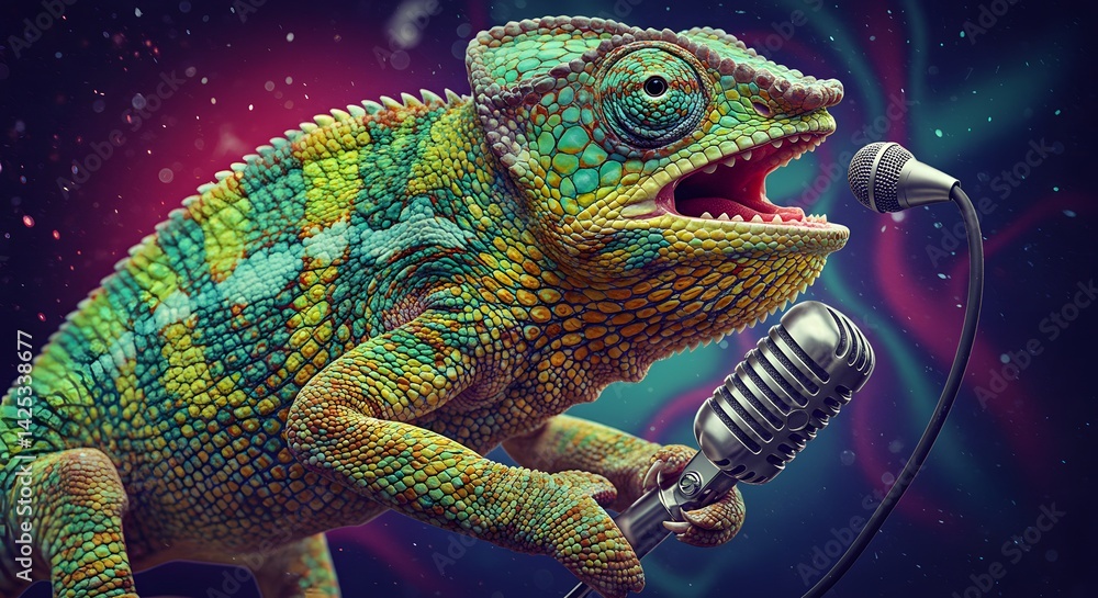Obraz premium Chameleon Singing Into Microphone