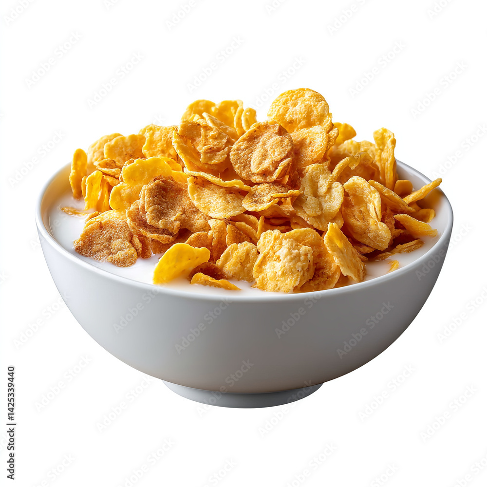 Crispy golden cornflakes in fresh milk served in white bowl breakfast cereal isolated on transparent background. isolated white background Crispy golden cornflakes in fresh milk served in white bowl breakfast cereal isolated on transparent background. isolated white background