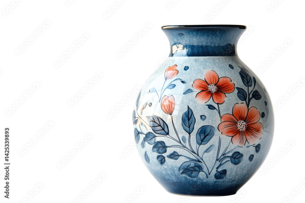 Elegant blue and white porcelain vase adorned with delicate hand painted coral flowers against a stark black background showcasing on transparent background Elegant blue and white porcelain vase adorned with delicate hand painted coral flowers against a stark black background showcasing on transparent background