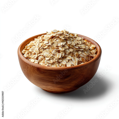 Wooden bowl filled with raw oat flakes showcasing natural beige color and delicate texture isolated on transparent background. isolated white background