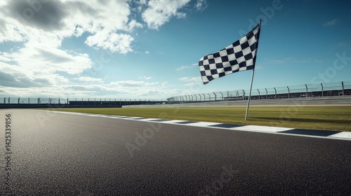 Cinematic aerial view of a checkered flag flapping over silverstone racing track in daylight