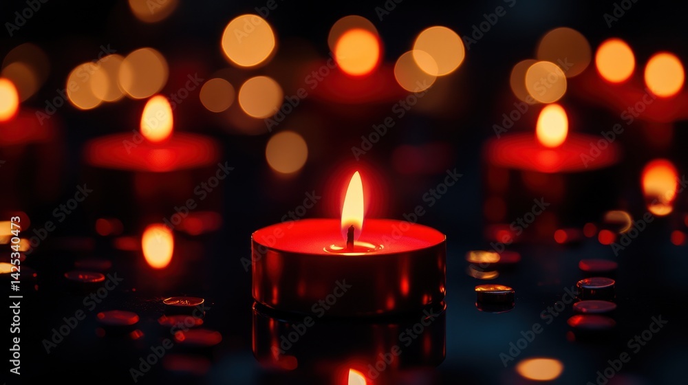 Red tea light candles, dark background, bokeh, reflection, serenity, peaceful scene, still life, photo use Red tea light candles, dark background, bokeh, reflection, serenity, peaceful scene, still life, photo use