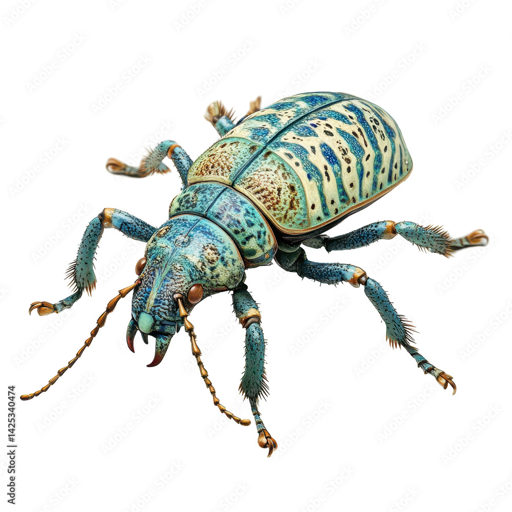 Fototapeta premium Brightly colored insect with intricate patterns crawls across a light surface in a studio setting during the day