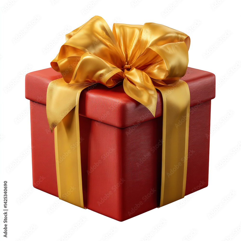 Obraz premium Realistic red gift box wrapped with shiny golden satin ribbon and large bow perfect for celebration and holidays isolated on transparent background isolated white background