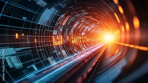 Futuristic Digital Tunnel with Bright Light and Data Flow