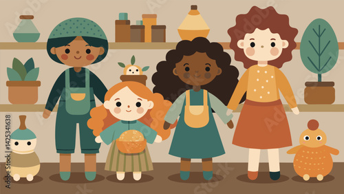 A display of handmade dolls made from organic cotton and soybased dyes catches the eye at the EcoToy Boutique.. Vector illustration