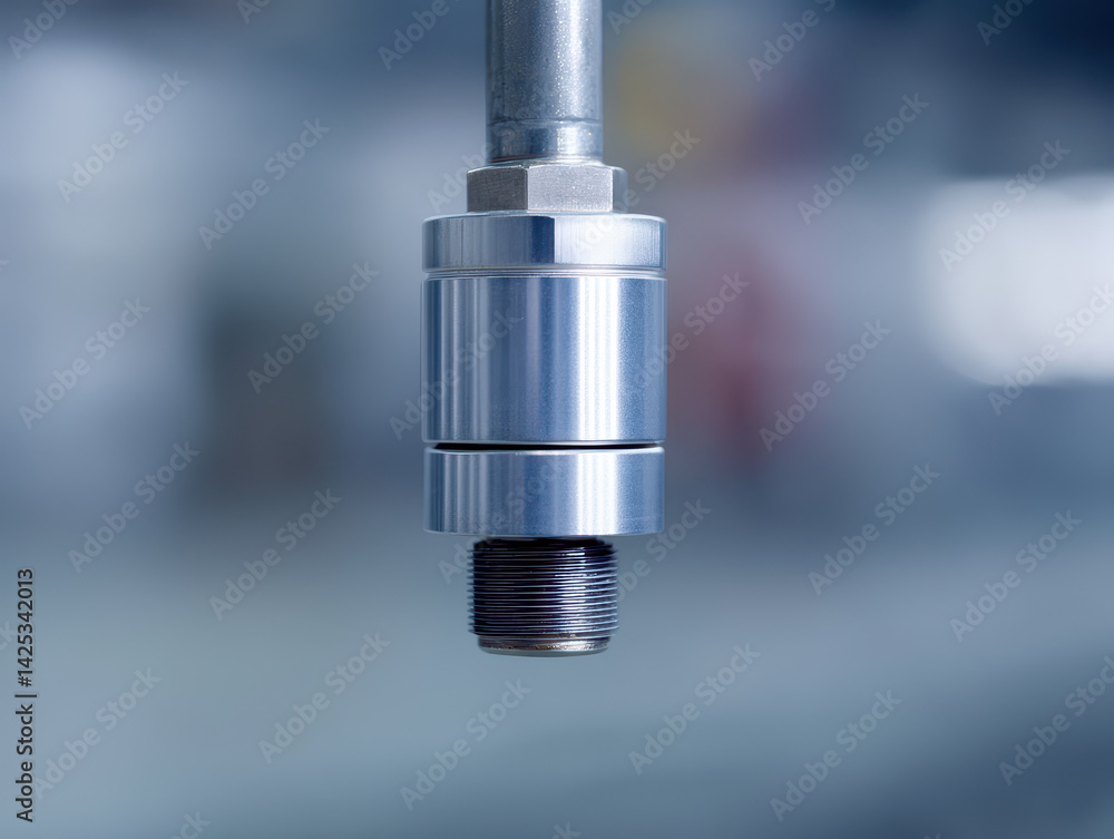 metallic smart valve with IoT sensor in blurred industrial setting metallic smart valve with IoT sensor in blurred industrial setting