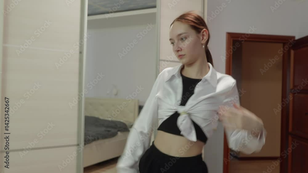 Teen dancer practicing contemporary dance moves in bedroom mirror, wearing white tied shirt and black pants, expressing artistic passion through graceful movement Teen dancer practicing contemporary dance moves in bedroom mirror, wearing white tied shirt and black pants, expressing artistic passion through graceful movement