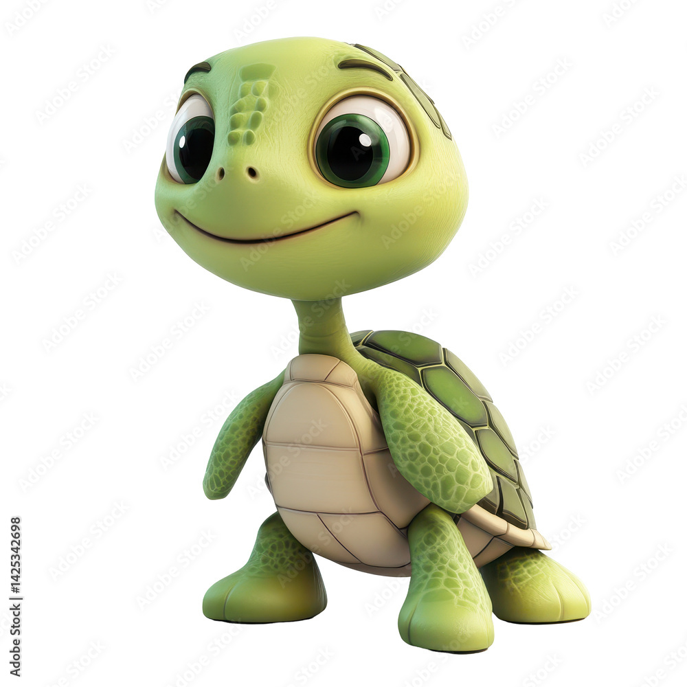 Fototapeta premium Cute animated turtle figure with big eyes and a cheerful expression in a playful pose