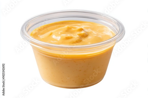A clear plastic cup filled with creamy orange dipping sauce isolated on a clean white background perfect for takeout visuals