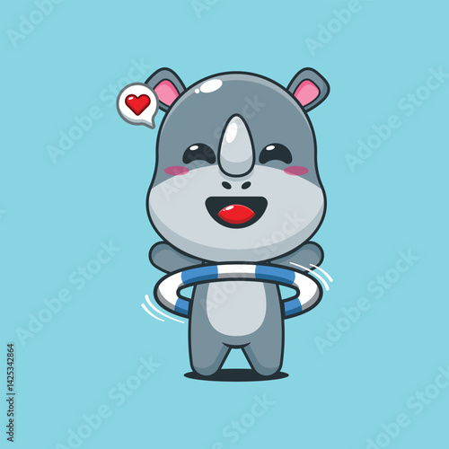Cute rhino cartoon vector illustration playing hula hoop