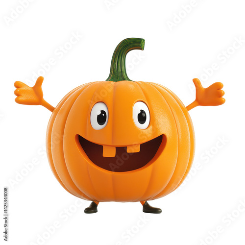 Colorful cartoon pumpkin character welcomes autumn with cheerful smile and outstretched arms in playful display