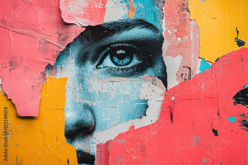 Abstract Eye Collage. An eye and face are partially revealed by torn paper in this creative collage. The abstract art is a mix of color and textures.