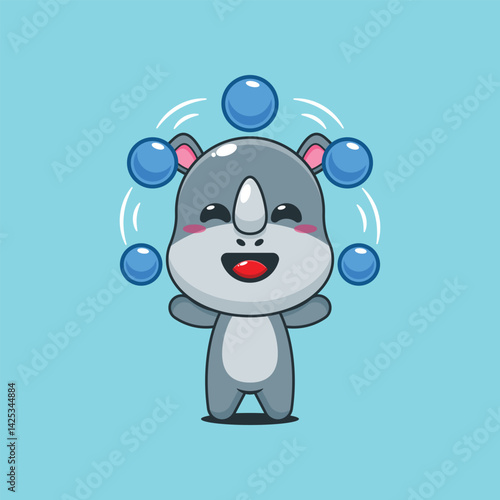 Cute rhino cartoon vector illustration circus attraction with balls